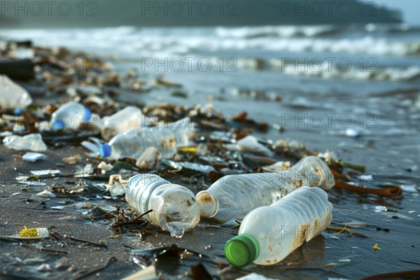 Plastic waste covers a beach and pollutes the natural environment, depressing atmosphere, AI