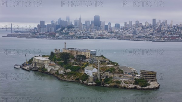 Aerial view of United States Penitentiary, Alcatraz Island, shows a historic maximum-security