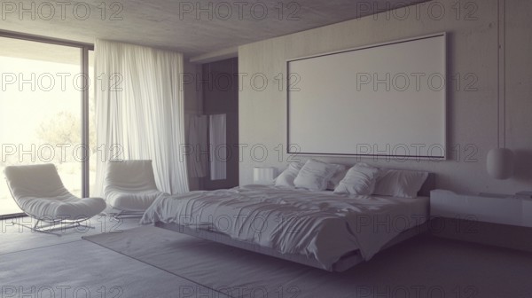 A modern minimalist bedroom with muted colors, concrete walls, a large bed, and plenty of natural