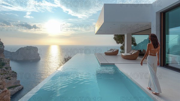 Attractive woman on the terrace of a villa in the style of Mediterranean modernism. Infinity pool