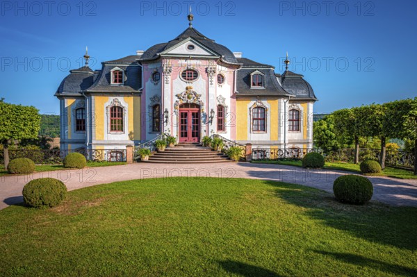 The rococo castle of the Dornburg Castles with manicured lawn and symmetrical trees against a clear