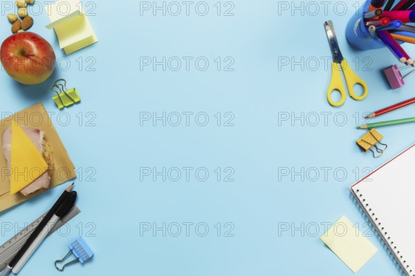 Flat lay with school, work or creativity concept with various schooling accessories, pens, pencil,