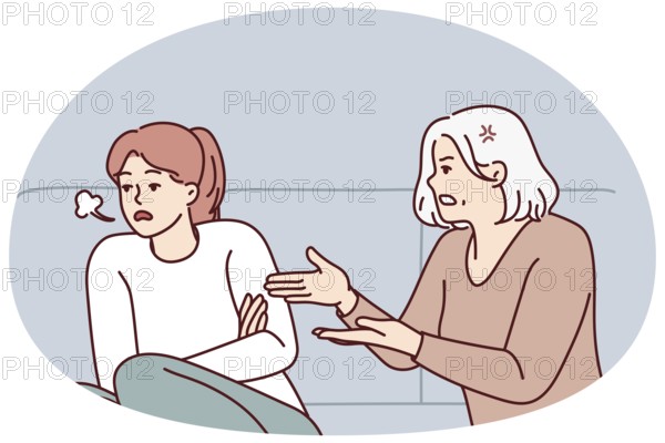 Mature mother scold unhappy grownup daughter at home. Elderly mom lecture stressed annoyed adult