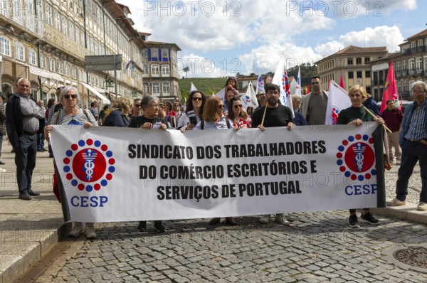 Political rally and march for May Day in city of Guimaraes, Braga district, northern Portugal,