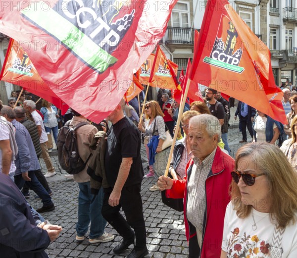 Political rally and march for May Day in city of Guimaraes, Braga district, northern Portugal,
