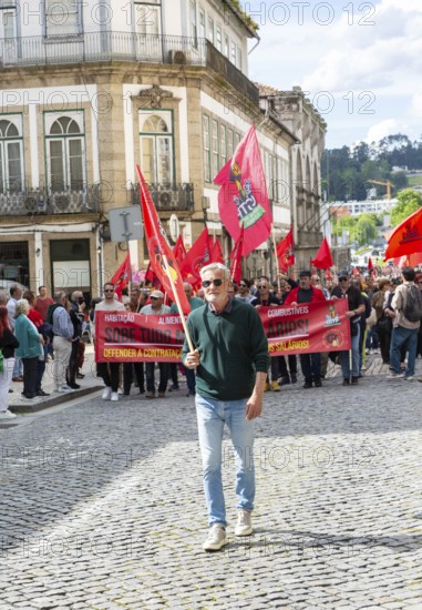 Political rally and march for May Day in city of Guimaraes, Braga district, northern Portugal,