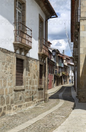 Street of historic buildings with balconies, Rua João Lopes de Faria, city centre Guimaraes,