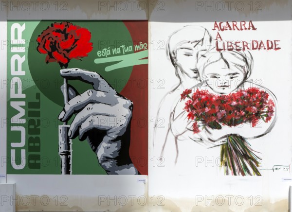 Display of feminist artworks, Largo do Toural, Toural square, city of Guimaraes, northern Portugal
