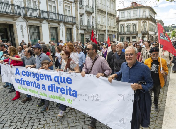 Political rally and march for May Day in city of Guimaraes, Braga district, northern Portugal,
