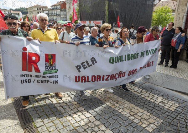 Political rally and march for May Day in city of Guimaraes, Braga district, northern Portugal,