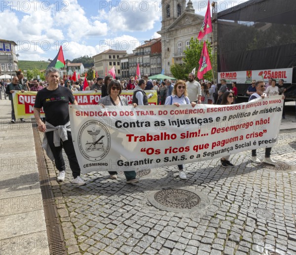 Political rally and march for May Day in city of Guimaraes, Braga district, northern Portugal,