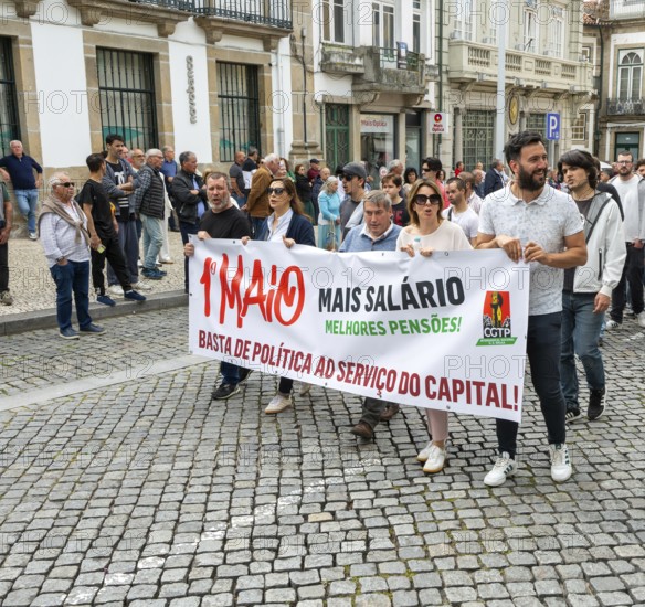 Political rally and march for May Day in city of Guimaraes, Braga district, northern Portugal,