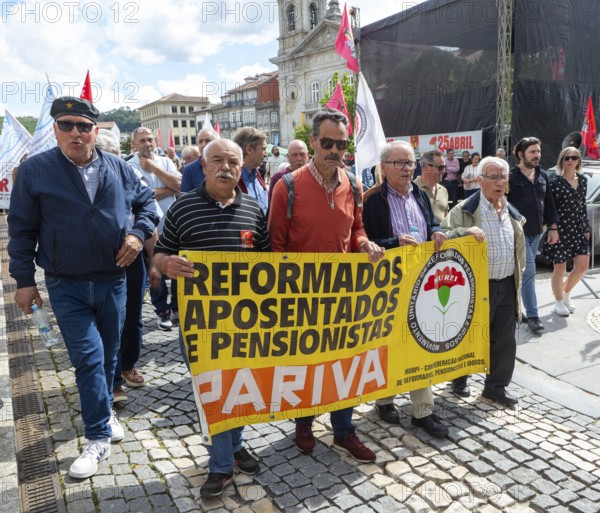 Political rally and march for May Day in city of Guimaraes, Braga district, northern Portugal,