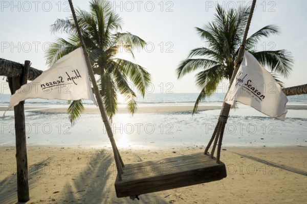 Sandy beach beach with coconut palms, Khlong Chao Beach, sunset, Koh Kood, Koh Kut, Gulf of