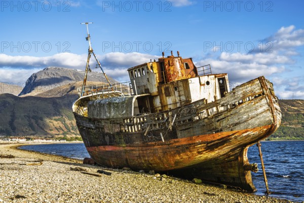 Corpach Wreck or Old Boat of Caol and Nevis Range Mountains, Caol Beach, Corpach, Fort William,