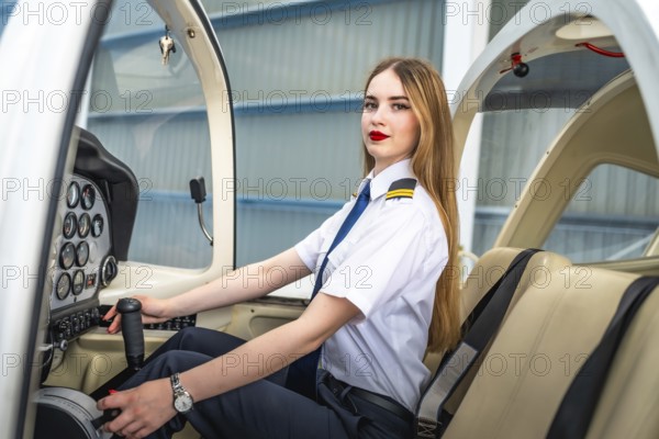 Confident female pilot sitting in the cockpit of a small airplane, holding the control stick and