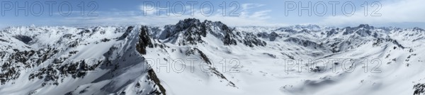Alpine panorama, aerial view in winter, Albula Alps, Rhaetian Alps, Grisons, Eastern Switzerland,