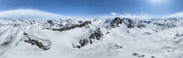 Alpine panorama, aerial view in winter, Albula Alps, Rhaetian Alps, Grisons, Eastern Switzerland,