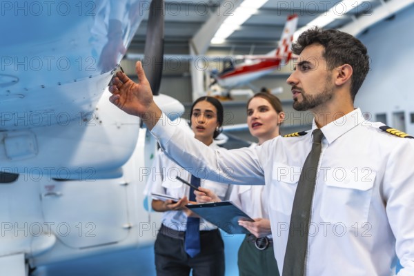 Maintenance team examining aircraft wing in hangar, ensuring flight safety and operational