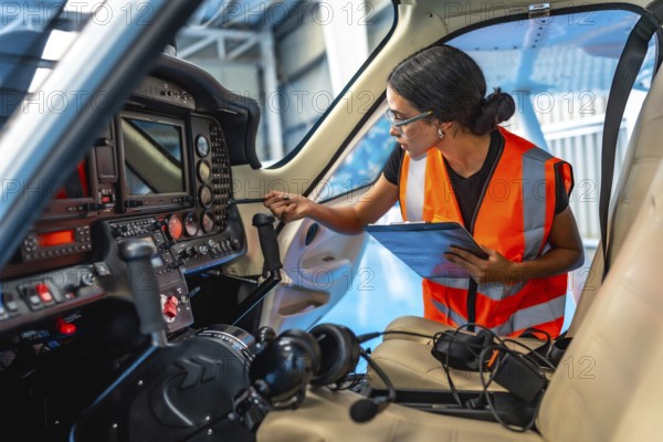 Female aircraft maintenance engineer using checklist while inspecting control panel inside cockpit