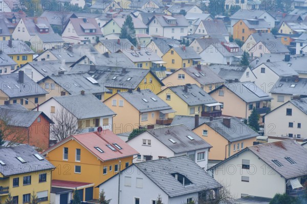 Roofs of a densely built-up settlement on a cloudy winter's day, Großheubach, Spessart, Bavaria,
