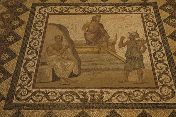 Ancient mosaic depicting a scene with three people, artistically embedded in the floor, Roman House