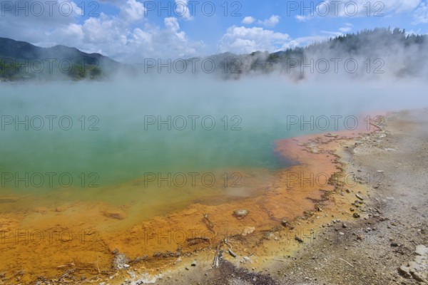 A hot spring with coloured rocks and steaming water, Champagne Pool thermal lake, Wai-O-Tapu