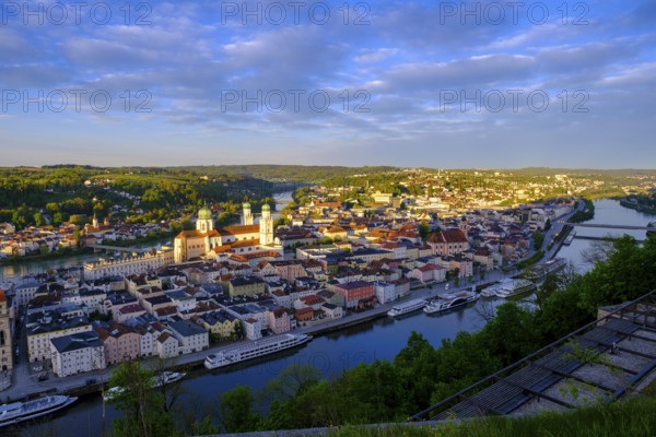 View of the historic city centre at sunrise, from the Veste Oberhaus, Passau, Lower Bavaria,