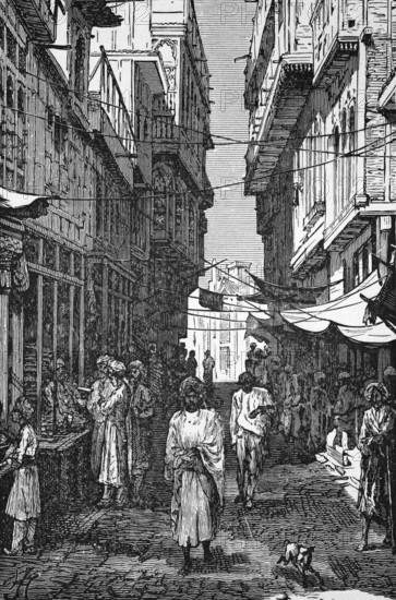 Street scene in Peshawar, Khyber Pakhtunkhwa, around 1870, Pakistan, digital reproduction of a