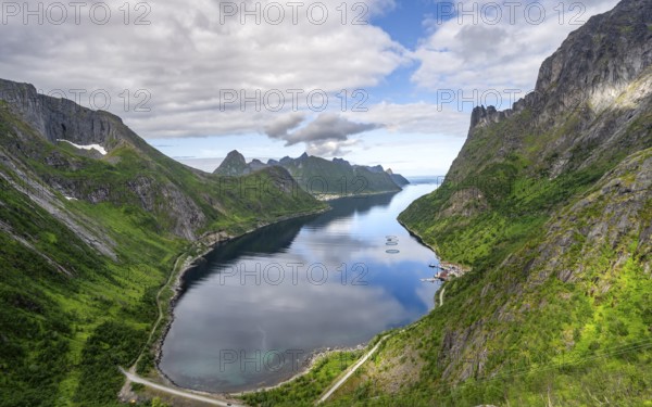 View of Øyfjorden fjord and mountains, fjord landscape with mountain peaks, hike to Barden