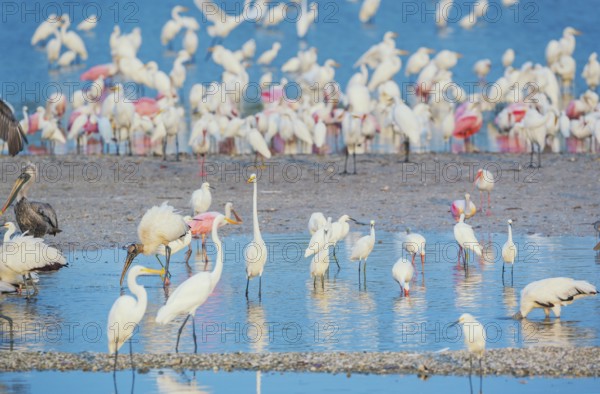 Group of Great white egrets (Ardea alba) and Roseate Spoonbills (Platalea ajaja) fishing, Sanibel
