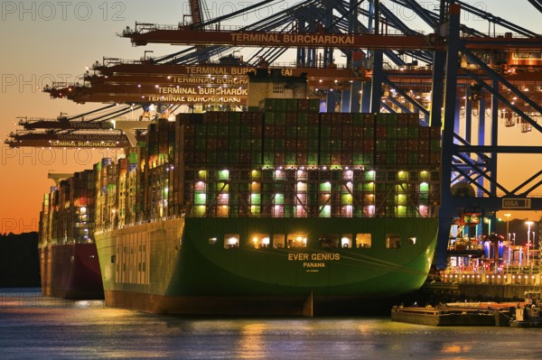 Container terminal Burchardkai with full container ship Ever Genius from Panama in the evening,