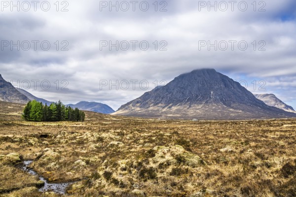 Mountains and Moors over Glen Etive Valley, Glencoe, Highlands, Scotland and Buachaille Etive Mòr,