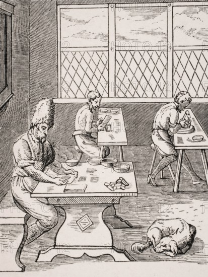 Needle and pin maker. Reproduction of a woodcut from the 16th century by Jost Amman from the 19th