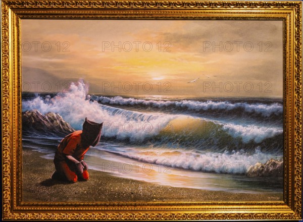 Banksy - Guantanamo Bay, Crude Oils, Haeftling in contrast to the idyllic seascape, 2005,