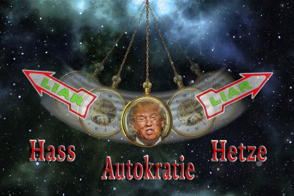 Symbolic image, Trump as a notorious liar in pendulum clock, wrong decisions, genius mania,