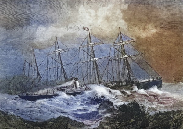 The 3867-ton steamship Celtic crossing the Atlantic in the winter of the 1870s, America, digital