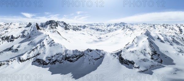 Alpine panorama, aerial view in winter at Piz Grialetsch, Albula Alps, Rhaetian Alps, Grisons,