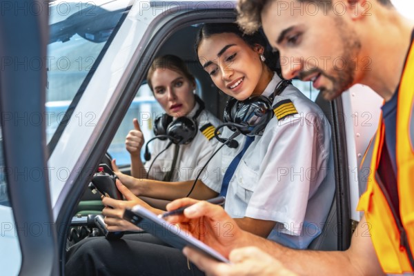 Ground crew writing on clipboard while explaining pre flight checklist to two smiling female pilots