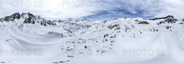 Alpine panorama, aerial view in winter, Albula Alps, Rhaetian Alps, Grisons, Eastern Switzerland,