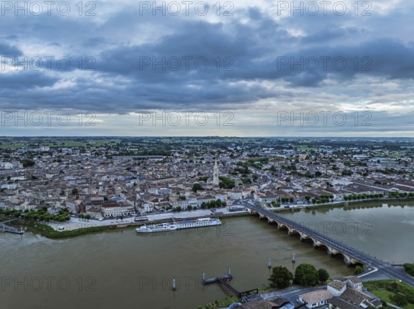 Twilight over Libourne from a drone, Gironde, Nouvelle-Aquitaine, Saint-Émilion and Pomerol,