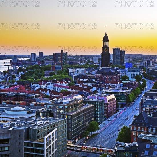 City view from above with the harbour and the main church St. Michaelis at atmospheric sunset,