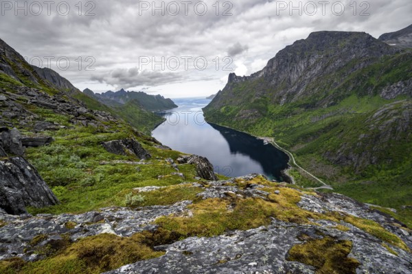 View of Øyfjorden fjord and mountains, fjord landscape with mountain peaks, hike to Barden