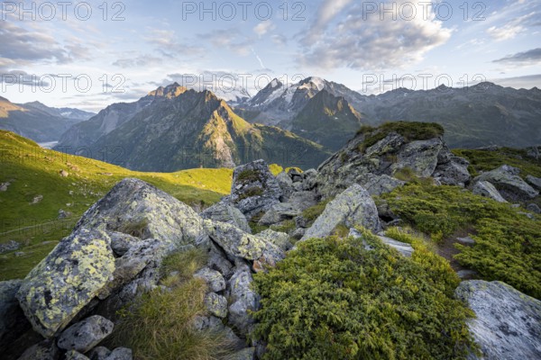 View from the Cabane du Louvie to the glaciated mountain peaks of the Grand Combine, in the evening