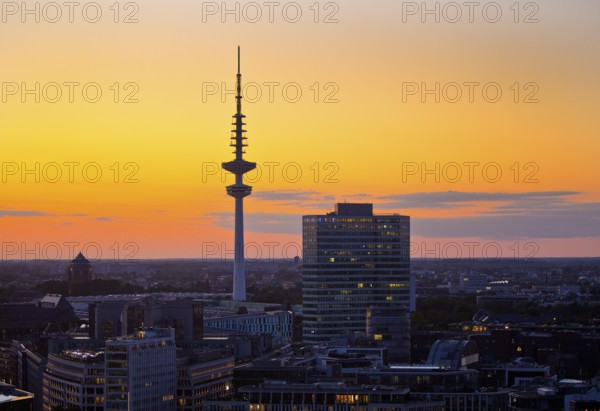 City view from above with the Heinrich-Hertz-Tower at atmospheric sunset, Hamburg, Germany, Europe