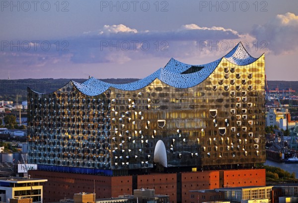 View of the Elbphilharmonie in the evening light from the St Nikolai memorial, Hamburg, Germany,