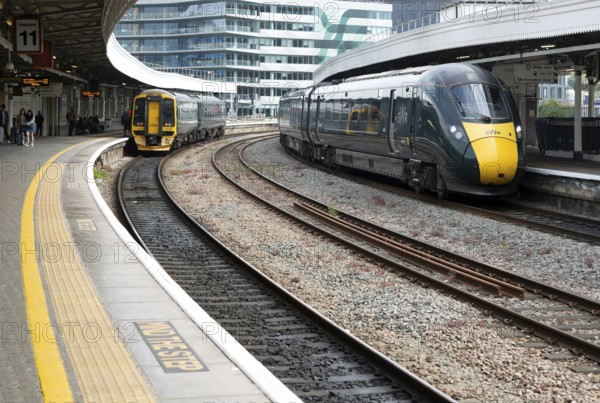 GWR British Rail Class 800 Inter City Express train and Class 158 Sprinter train, Temple Meads