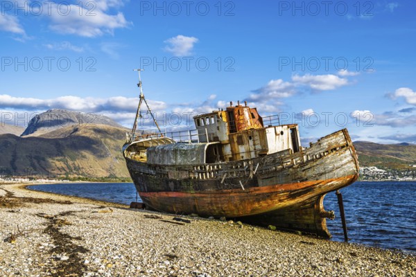 Corpach Wreck or Old Boat of Caol and Nevis Range Mountains, Caol Beach, Corpach, Fort William,