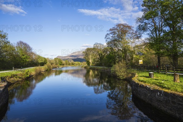 Caledonian Canal, Caol Beach and Nevis Range Mountains, Corpach, Fort William, Highland, Scotland,