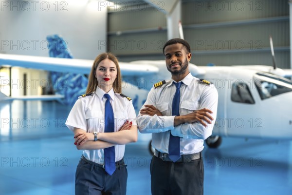 Two professional pilots standing confidently in a hangar with a small aircraft in the background,